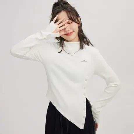 尔给秋冬立领短款上衣打底衫女高级感外穿设计感小众开叉t恤女商品大图