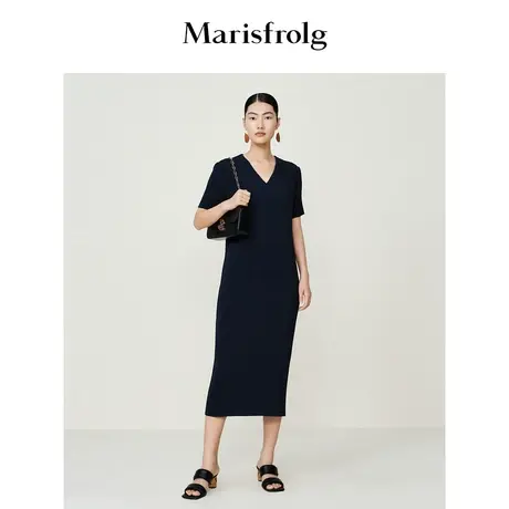 【新能量黑裙】玛丝菲尔茶歇裙夏季新款深蓝色竖条纹百褶连衣裙图片