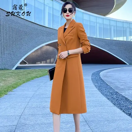 橘黄色工装风衣女中长款2024年秋季新款英伦风气质垂感外套女过膝商品大图