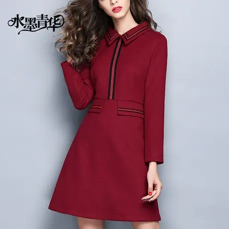 【1件7.9折】秋冬装新款修身毛呢撞色翻领A字摆OL通勤连衣裙商品大图