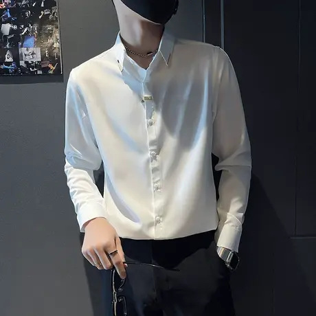 衬衫男长袖高级感百搭潮流修身发型师衬衣春秋季纯色休闲高街痞帅商品大图