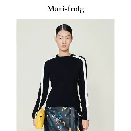 【运动休闲系列】玛丝菲尔秋冬新款黑色撞色经典百搭款羊毛毛衣商品大图