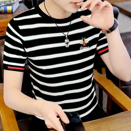 夏季潮牌短袖T恤男士韩版修身型条纹冰丝打底针织衫学生刺绣体恤商品大图