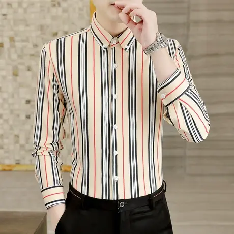 春季衬衫男士长袖新款时尚条纹衬衣潮流男装韩版痞帅高级感上衣服商品大图