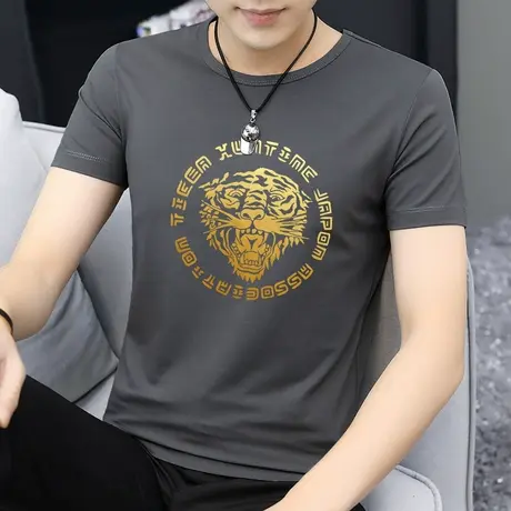 莫代尔短袖t恤男夏季上衣服潮牌潮流烫金老虎头体恤冰丝冰感半袖商品大图
