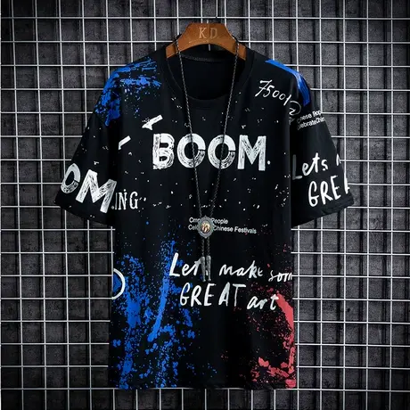 涂鸦ins潮牌短袖T恤男士夏季冰丝体恤打底衫潮流宽松半袖冰感衣服图片