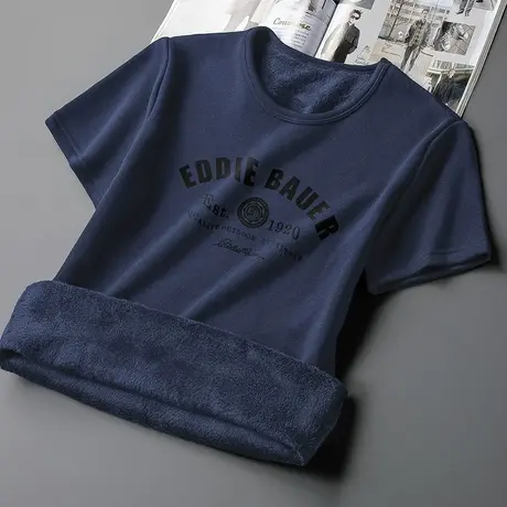 短袖t恤男装秋冬加绒加厚半袖印花打底衫体恤保暖圆领内搭上衣服商品大图