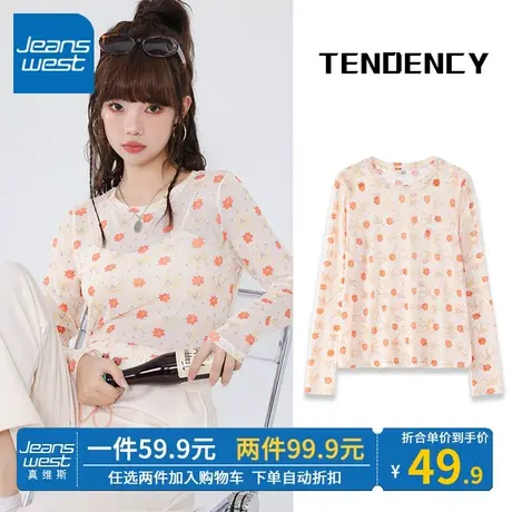 ZR真维斯网纱打底衫女夏2023新款圆领潮流印花复古感长袖内搭上衣商品大图