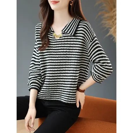 宝诗黎翻领链条短款羊毛针织衫女时尚设计感减龄条纹毛衣2024春季商品大图