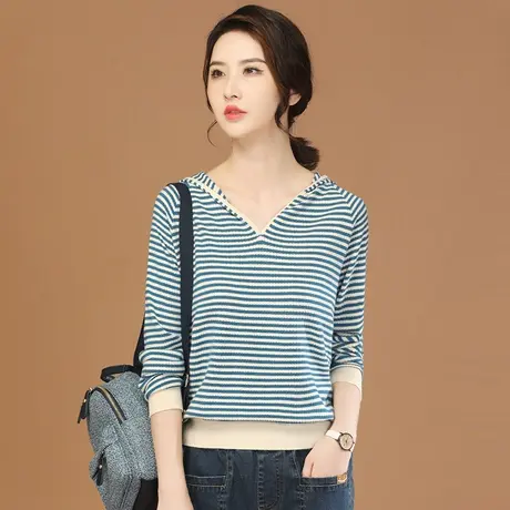 韩潮袭人连帽条纹长袖针织衫女2024春季新款休闲百搭内搭毛衣图片