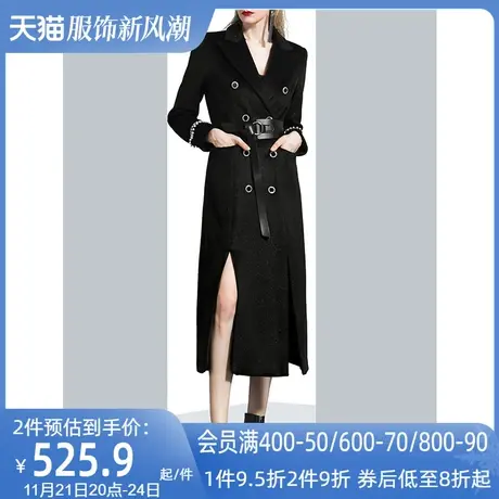 aui黑色气质毛呢大衣女长款过膝2023秋冬新款欧洲站时尚呢子外套图片