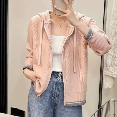 连帽针织开衫女秋冬季2023年新款宽松拉链外搭麻花长袖外套上衣潮图片