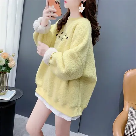 假两件加绒刺绣圆领羊羔毛卫衣外套女2023年秋冬新款宽松百搭上衣图片