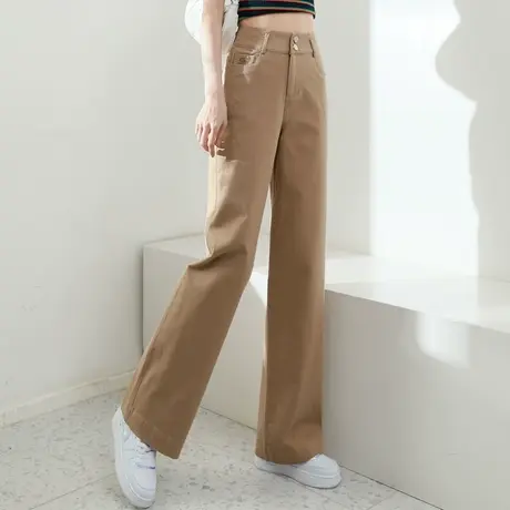 卡其色裤子女春秋季2023新款纯棉休闲裤女裤阔腿裤女高腰直筒长裤商品大图