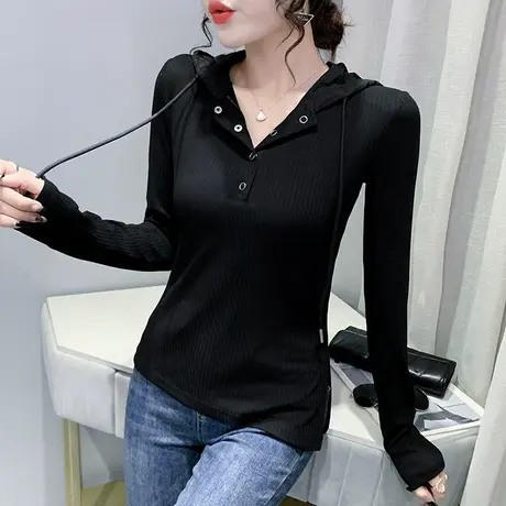 时尚连帽上衣2024春装新款不规则下摆长袖T恤女修身洋气打底衫潮商品大图