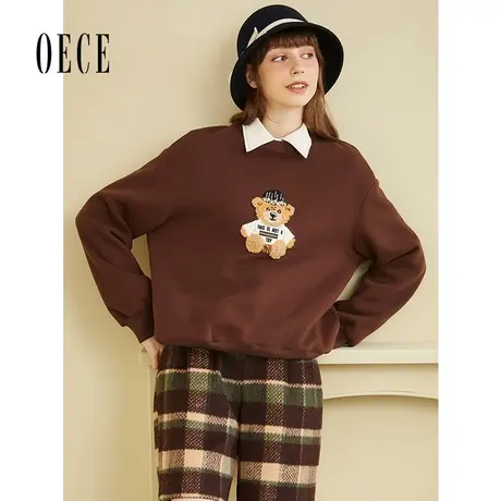 Oece冬装新款小熊贴布绣学院百搭长袖卫衣套头上衣图片