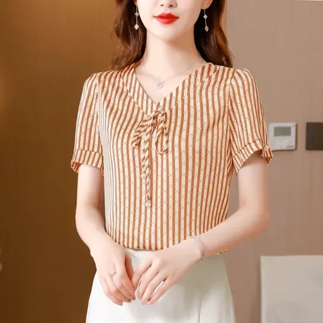 2023夏季新款短袖条纹衬衫女士大码女装宽松遮肚子减龄雪纺衬衣女商品大图