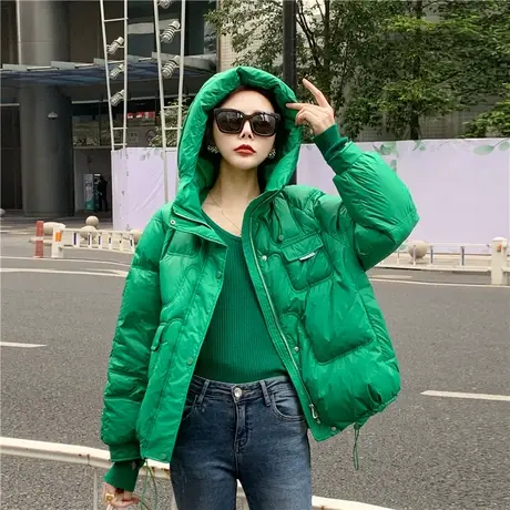 绿色连帽字母贴标加厚羽绒棉服女2023宽松小个子时尚口袋棉衣外套商品大图