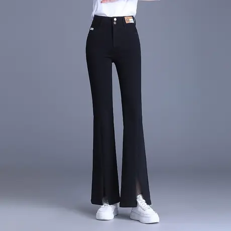 黑色开叉长裤牛仔裤女秋季2023新款高腰显瘦微喇叭裤时尚休闲裤子商品大图