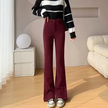 加绒加厚灯芯绒喇叭裤子女秋冬新款修身咖色雪尼尔开叉垂感微喇裤商品大图