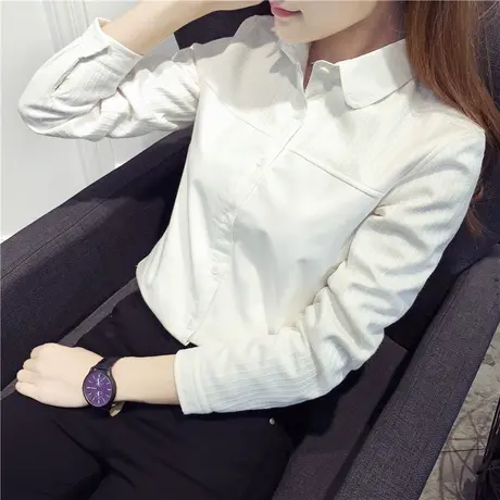 冬装简约百搭加绒加厚白色棉衬衫女长袖休闲职业工作保暖打底衬衣图片