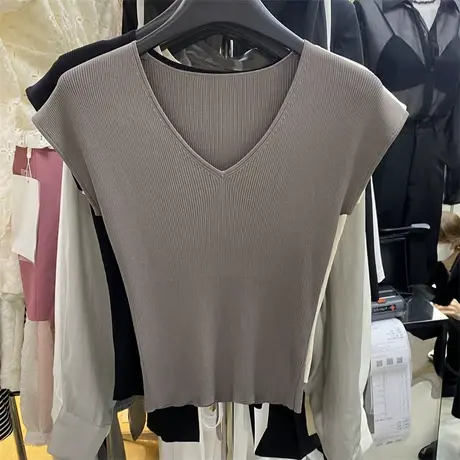 简约V领短袖修身百搭显瘦针织衫女2023春季新款时尚短款打底衫潮图片