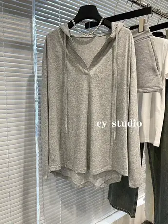 2023秋装韩国新款连帽领纯色简约薄款宽松长袖T恤女打底衫上衣服商品大图