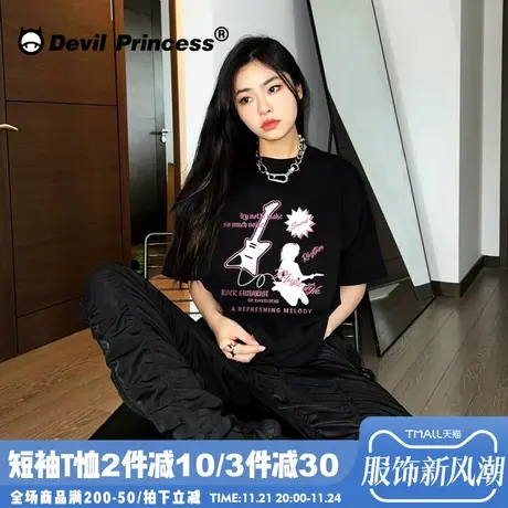 黑色甜酷风潮牌短袖t恤女高街百搭正肩oversize宽松显瘦半袖上衣商品大图