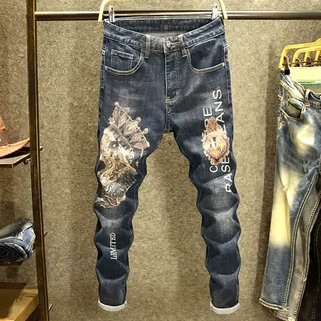 春秋款潮牌印花牛仔裤男修身潮流小脚裤高端美式痞帅百搭裤子男厚商品大图