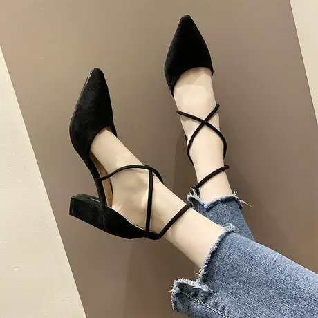 凉鞋女仙女风2024新款春季百搭交叉一字带高跟鞋女粗跟尖头单鞋子商品大图