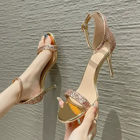 高跟鞋女细跟2024夏季新款设计感小众性感百搭露趾一字带亮片凉鞋图片