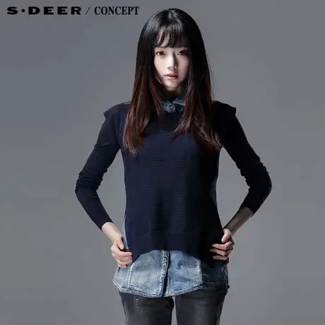 sdeer圣迪奥2014春装新款女装长袖针织衫牛仔背心真两件套3383558🦔图片