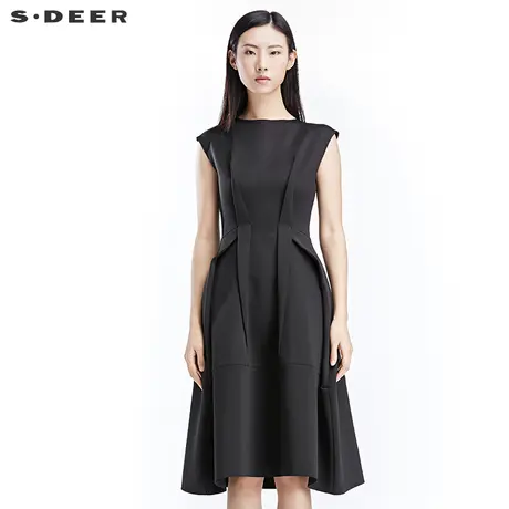 sdeer圣迪奥2018秋女装建筑感立体收省束腰阔摆连衣裙S17181293图片