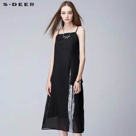 sdeer圣迪奥2019夏装斑驳竖向喷绘剪裁层次吊带连衣裙女S17281269图片