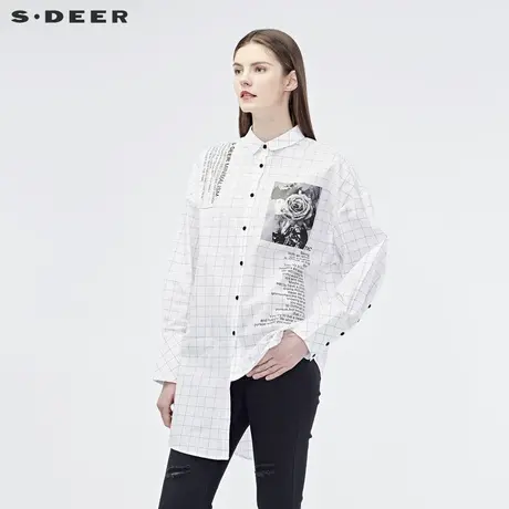 sdeer圣迪奥2019秋宽松翻领格纹字母印花不规则长款衬衫S19180519图片