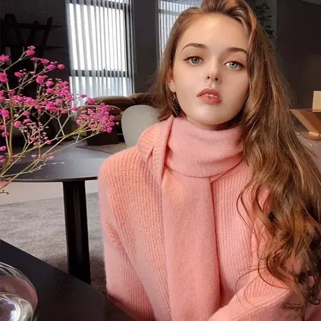 粉红大布娃娃针织围巾款毛衣女长袖修身毛衫冬季新款外穿毛衣围巾图片
