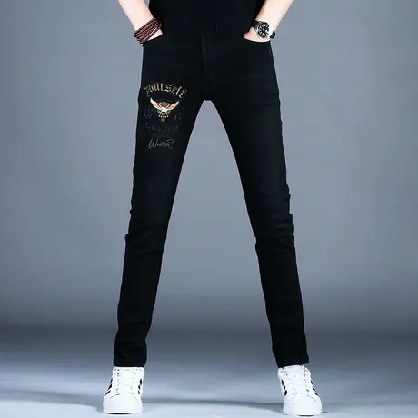 男士黑色刺绣牛仔裤男款小脚弹力修身裤子潮流男2023新款高档潮牌商品大图