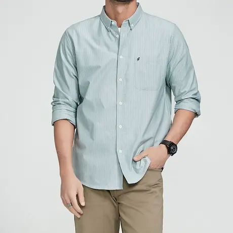 格慕施秋季纯棉衬衫男士长袖牛津纺条纹衬衣大码宽松商务休闲寸衣图片