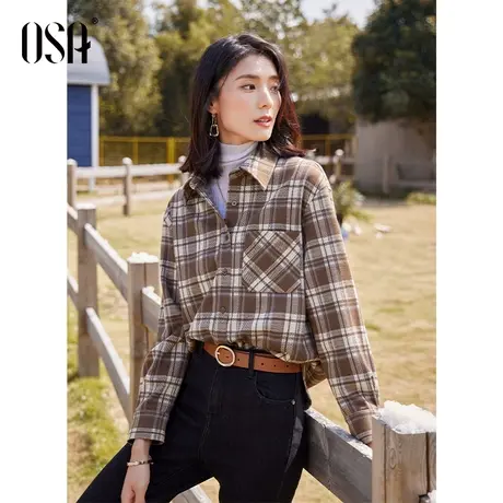OSA欧莎磨毛格纹衬衫女早春装2023年新款设计感小众宽松叠穿衬衣商品大图