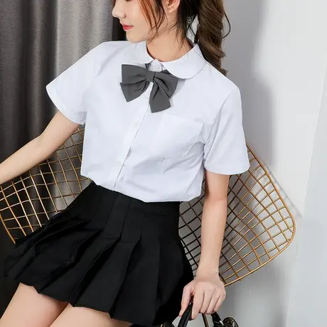 白衬衫女短袖夏季学生娃娃领学院风jk基础款纯棉衬衣宽松上衣丸襟商品大图