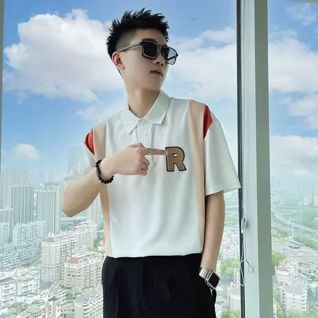 夏季男士拼色条纹短袖t恤POLO衫时尚休闲ins潮流青年网红潮牌体恤商品大图