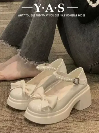 小香风粗跟高跟鞋白色2024新款小个子增高玛丽珍甜美可爱lolita鞋商品大图