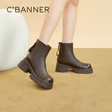 千百度厚底增高时装靴2023冬季新款保暖百搭真皮瘦瘦靴短靴女鞋商品大图