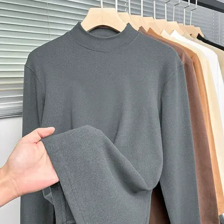 重磅双面德绒打底衫半高领t恤男长袖秋冬季加绒保暖中领内搭秋衣图片