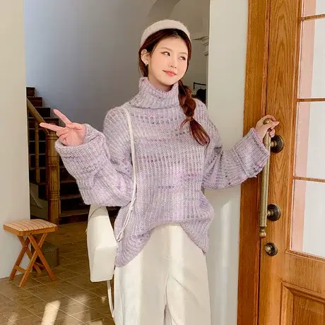 othermix 宽松慵懒高领毛衣女2024春季新款减龄针织女士短款上衣图片