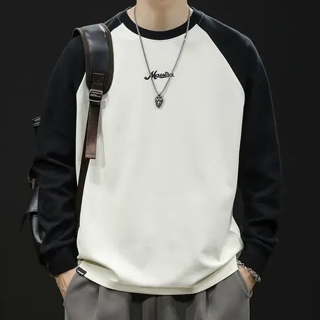 拼色纯棉长袖t恤男春季2024新款潮牌大码男士黑白内搭打底春秋款商品大图