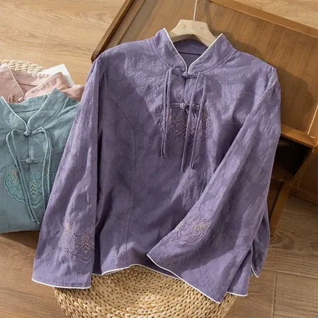 享永子刺绣宽松棉麻茶服文艺复古宽松显瘦上衣中国风2023春夏新款商品大图