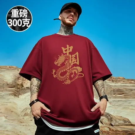 2025新款300g重磅潮牌宽松T恤短袖五分袖纯棉国潮加肥加大码男装商品大图