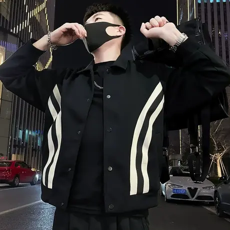 春季拼接撞色条纹工装夹克潮牌韩版痞帅2024新款ins小众翻领外套商品大图