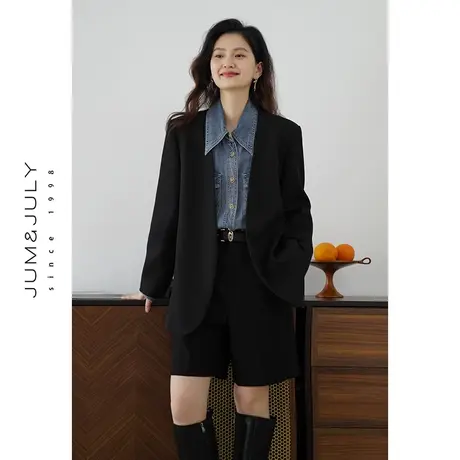 嘉茱莉2025新款黑色无领西装外套女中长款宽松西装上衣开衫西服图片